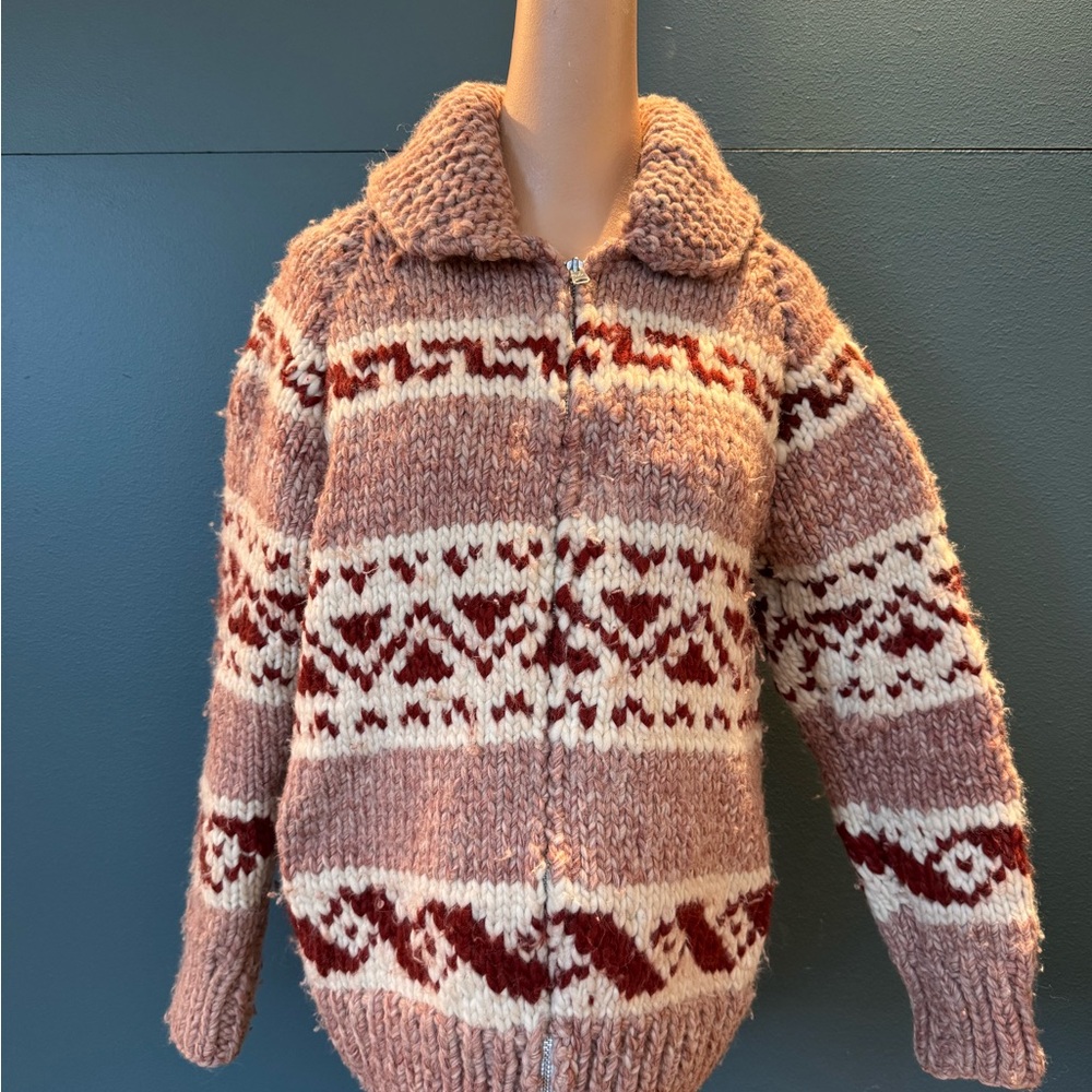 Cozy Knit Patterned Cardigan - Pink, Red and Cream